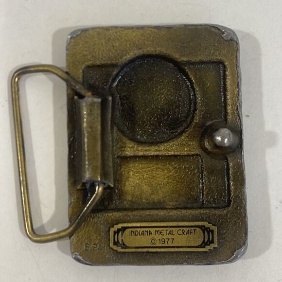 Vintage Distressed Brass Belt Buckle Indiana Metal Craft Train Locamotive 2.5” - Picture 3 of 4
